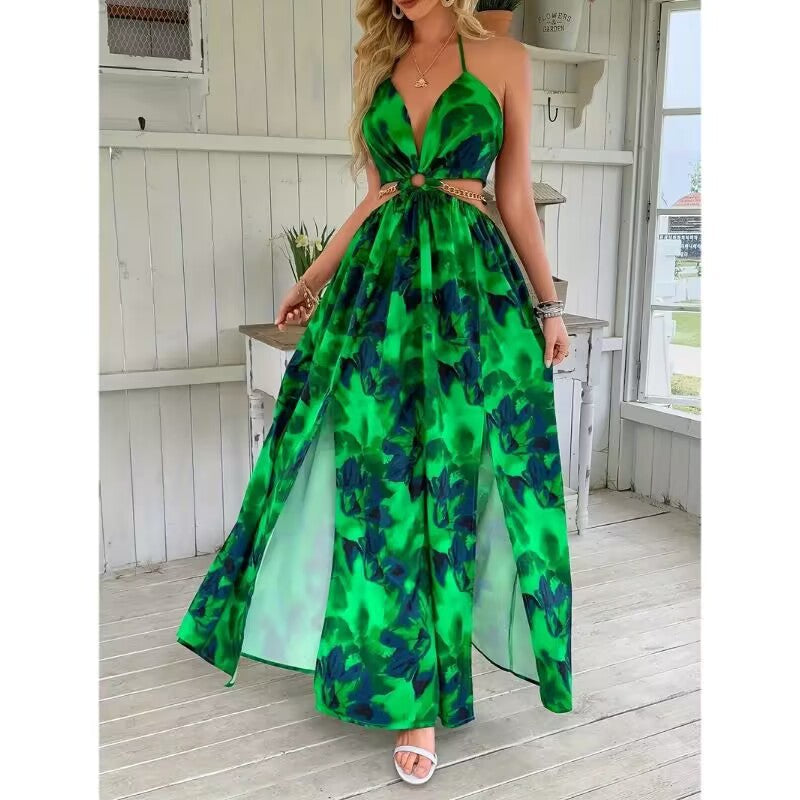 HANNAH™ - Floral Print Cami Dress with Chain Decor and Split Thigh for Beach Holidays