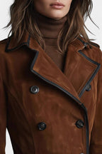 Sandra Long Coat in Suede with Double Breasted and Black Trim